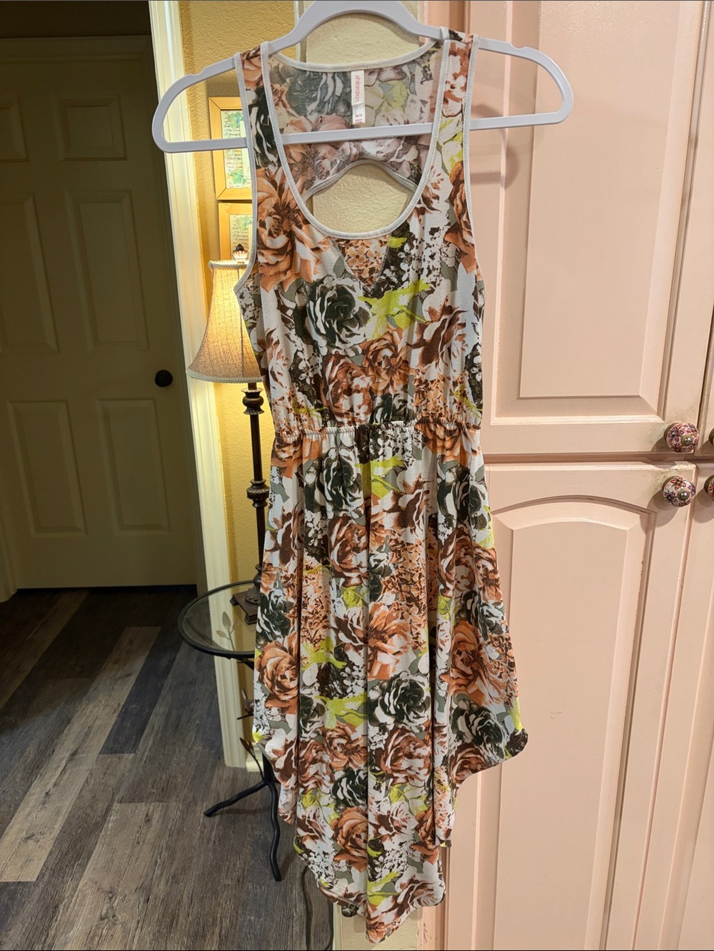 Xhilaration Floral Midi Dress in White, Brown, Green cut out in back